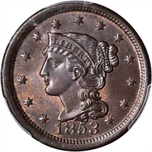 1853 Braided Hair Cent. N-25. Rarity-1. MS-66 BN (PCGS).