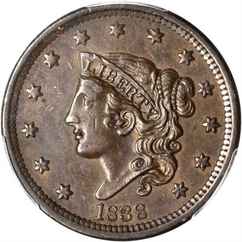 1838 Modified Matron Head Cent. N-9. Rarity-3. AU-55 (PCGS).
