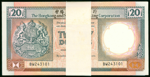 1990年汇丰银行20元（橙柴）连号100枚，编号BW243101-BW243200，UNC品相
