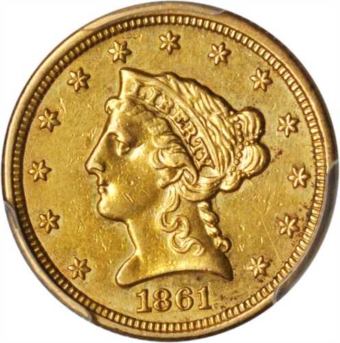 1861 Liberty Head Quarter Eagle. Type II Reverse. AU Details--Cleaned (PCGS).