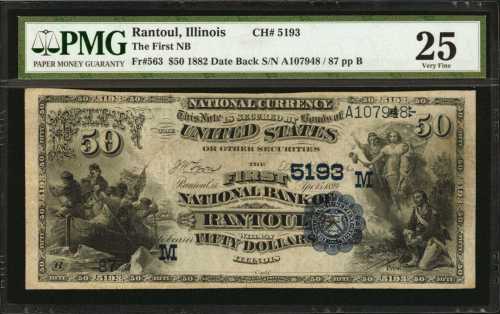 Rantoul, Illinois. $50 1882 Date Back. Fr. 563. The First NB. Charter #5193. PMG Very Fine 25.