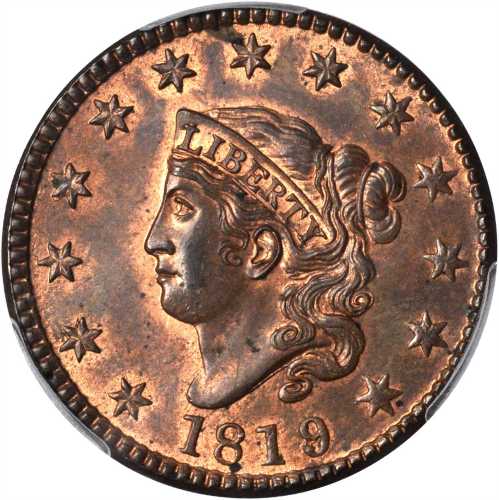 1819/8 Matron Head Cent. N-1. Rarity-1. MS-64 RB (PCGS).