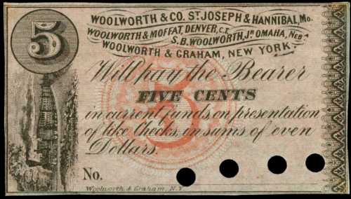 Denver, Colorado Territory. Woolworth & Moffatt. ND. 5 Cents. Uncirculated. Remainder.