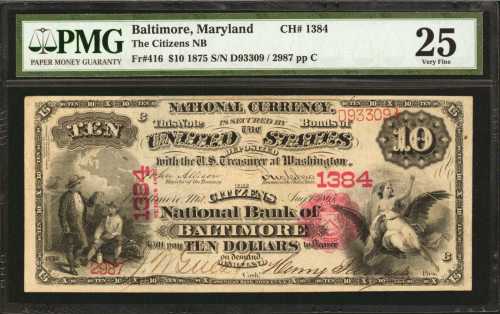 Baltimore, Maryland. $10 1875. Fr. 416. The Citizens NB. Charter #1384. PMG Very Fine 25.