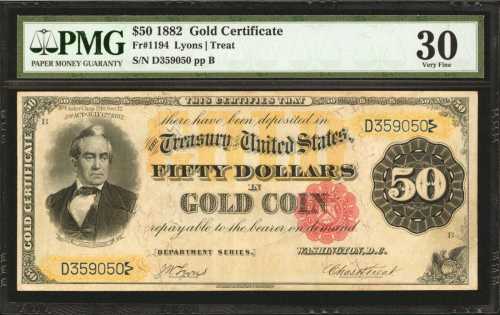 Fr. 1194. 1882 $50 Gold Certificate. PMG Very Fine 30.