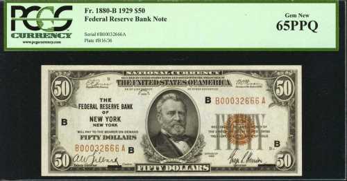 Fr. 1880-B. 1929 $50 Federal Reserve Bank Note. New York. PCGS Gem New 65 PPQ.