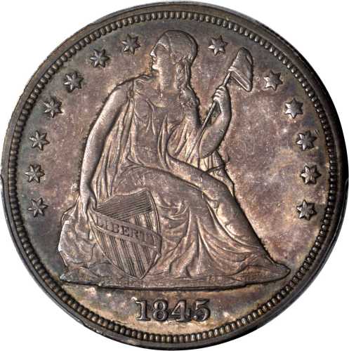 1845 Liberty Seated Silver Dollar. OC-1, the only known dies. Rarity-2. AU-55 (PCGS). CAC.
