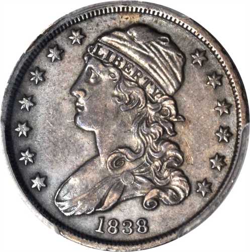 1838 Capped Bust Quarter. B-1, the only known dies. Rarity-1. AU-50 (PCGS).