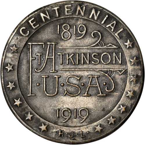 1919 Centennial Medal for Fort Atkinson, Louisiana Territory. Nickel-Plated Brass, Antiqued. 34 mm. 