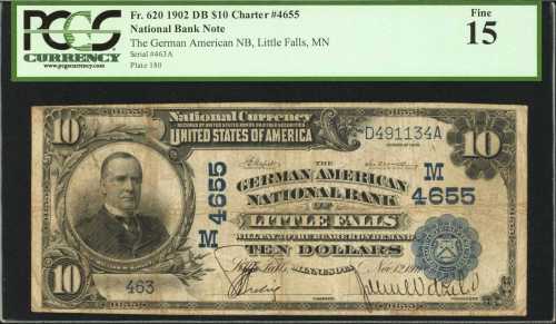 Little Falls, Minnesota. $10 1902 Date Back. Fr. 620. The German American NB. Charter #4655. PCGS Fi