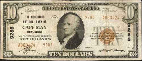 Cape May, New Jersey. $10 1929 Ty. 2. Fr. 1801-2. The Merchants NB. Charter #9285. Very Fine.