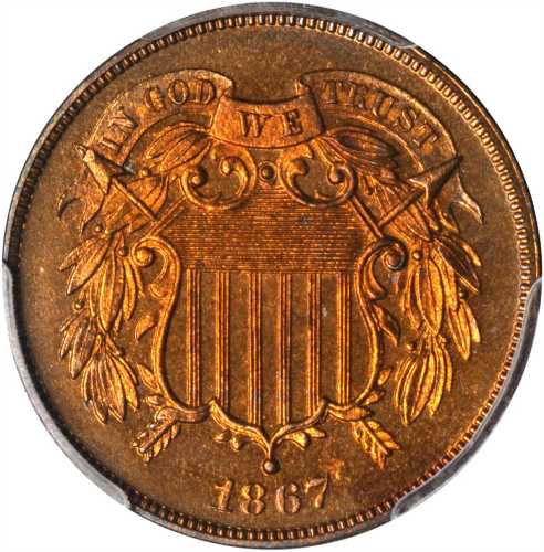 1867 Two-Cent Piece. Proof-65 RD (PCGS).