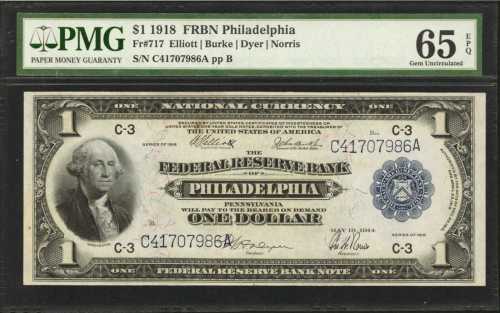 Fr. 717. 1918 $1 Federal Reserve Bank Note. Philadelphia. PMG Gem Uncirculated 65 EPQ.