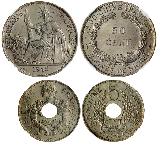 法属安南1938年铜镍制5分一枚及1946年铜镍制50分，分别评NGC MS66及MS65