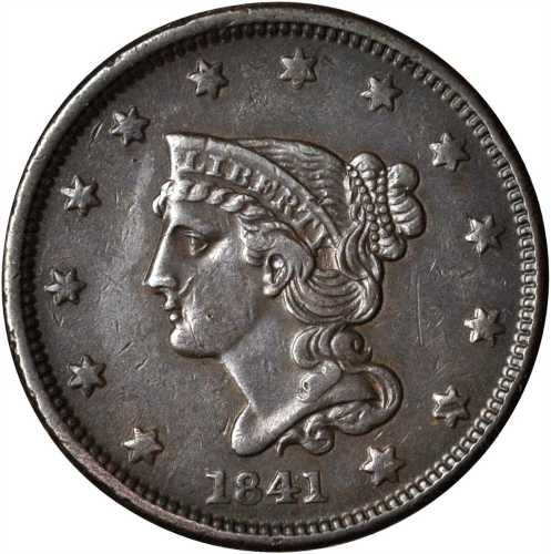 1841 Braided Hair Cent. N-7. Rarity-2. VF-30.