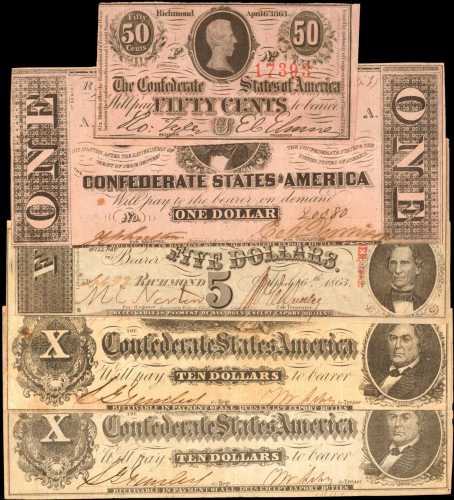 Confederate Currency. Lot of (5) Notes. 1862 to 1863. Very Fine.