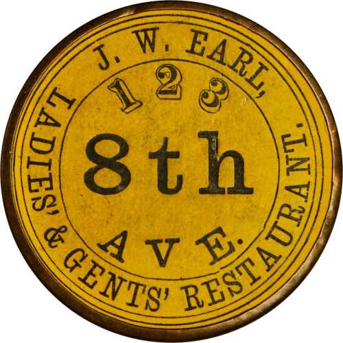New York, New York. 1868 J.W. Earl. Bowers NY-4860. Gilt brass. 34 mm. Very Choice About Uncirculate