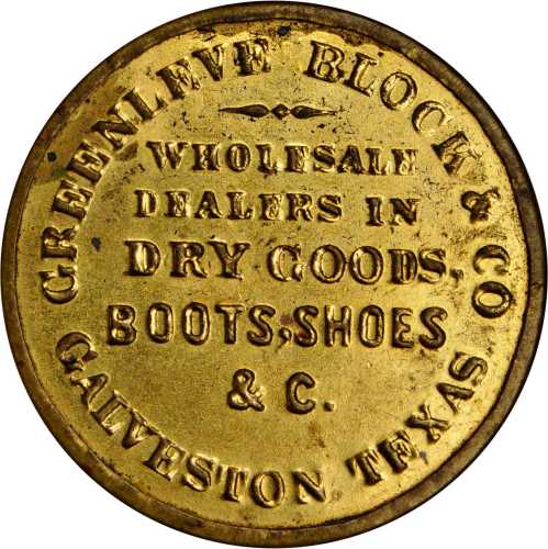 Texas, Galveston. Greenleve, Block & Co. Bowers TX-300. Gilt brass. 34 mm. Choice About Uncirculated