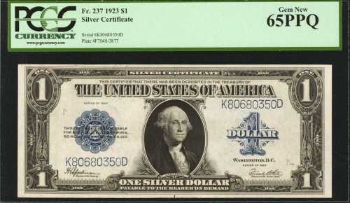 Fr. 237. 1923 $1 Silver Certificate. PCGS Gem New 65 PPQ.