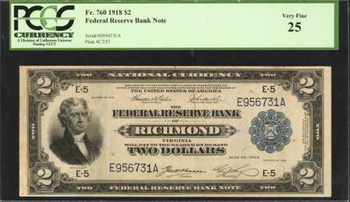 Fr. 760. 1918 $2 Federal Reserve Bank Note. Richmond. PCGS Very Fine 25.