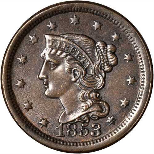 1853 Braided Hair Cent. N-13. Rarity-1. MS-60 BN.