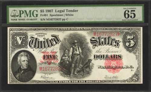 Fr. 91. 1907 $5 Legal Tender Note. PMG Gem Uncirculated 65 EPQ.