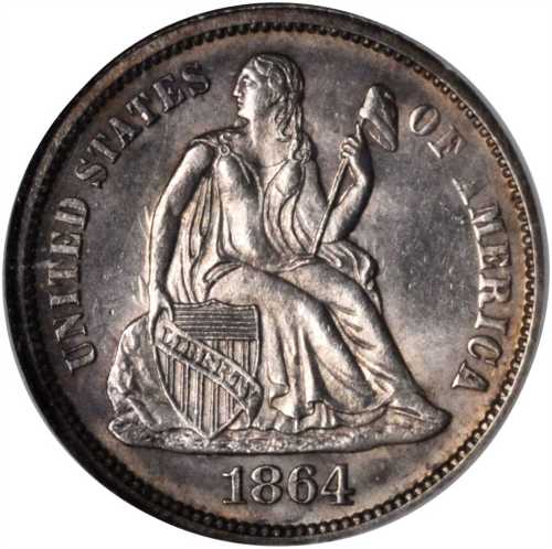 1864 Liberty Seated Dime. Fortin-102a. Rarity-5. MS-63 (NGC).