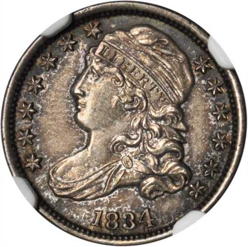 1834 Capped Bust Dime. JR-1. Rarity-1. Large 4. Unc Details--Improperly Cleaned (NGC).
