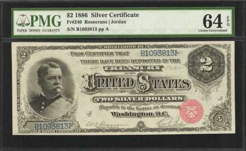 Fr. 240. 1886 $2 Silver Certificate. PMG Choice Uncirculated 64 EPQ.