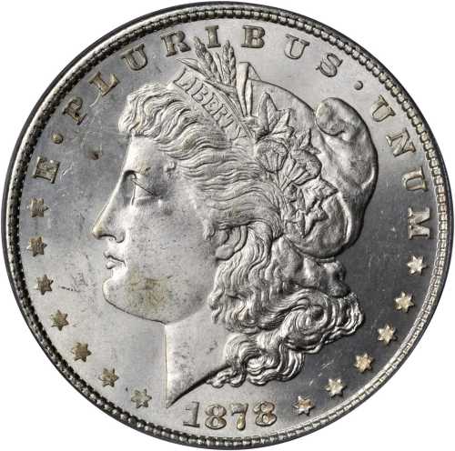 1878 Morgan Silver Dollar. 7 Tailfeathers. Reverse of 1879. MS-64 (PCGS). CAC.