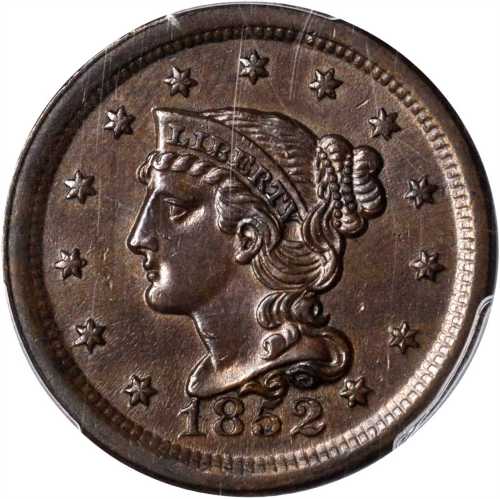 1852 Braided Hair Cent. N-3. Rarity-1. MS-62 BN (PCGS).