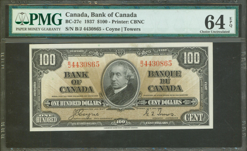 1937年加拿大银行100元，编号B/J 4430865, PMG64EPQ