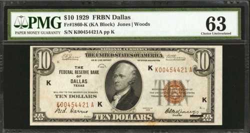 Fr. 1860-K. 1929 $10 Federal Reserve Bank Note. Dallas. PMG Choice Uncirculated 63.