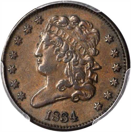 1834 Classic Head Half Cent. C-1. Rarity-1. EF-40 (PCGS).