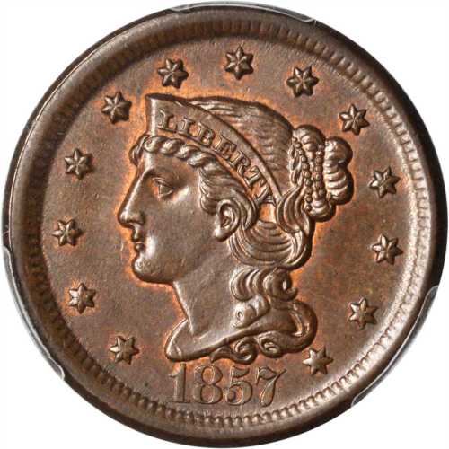 1857 Braided Hair Cent. N-1. Rarity-1. Large Date. Misplaced Date. MS-64 BN (PCGS).