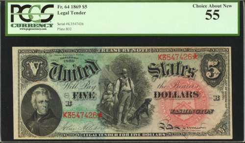 Fr. 64. 1869 $5 Legal Tender Note. PCGS Choice About New 55.