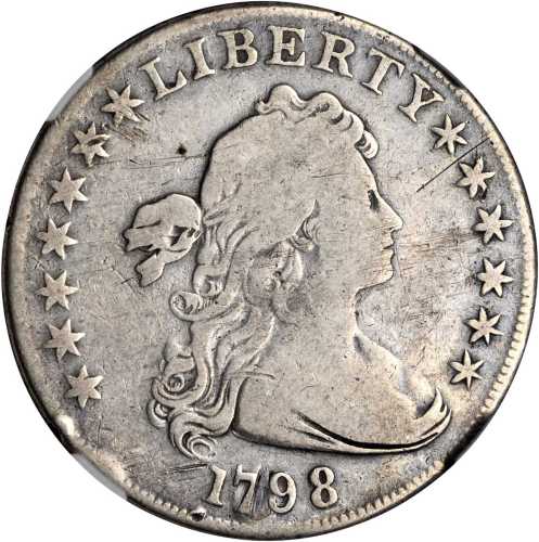 1798 Draped Bust Silver Dollar. Heraldic Eagle. BB-120, B-12. Rarity-4. Pointed 9, Close Date. VG De