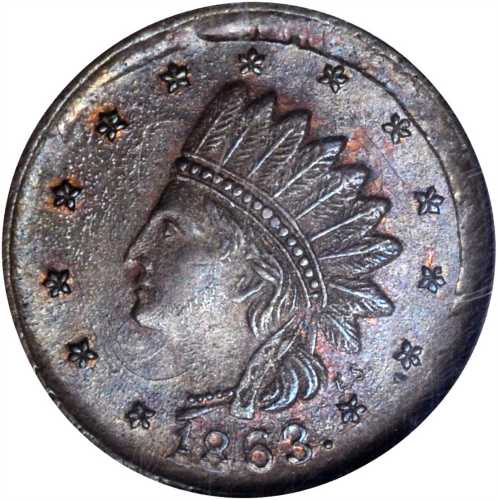 1863 Indian Head / United States of America. Fuld-61/198 AO. Rarity-8. Copper. 19 mm--Overstruck on 