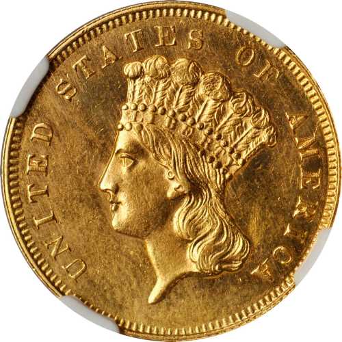 1864 Three-Dollar Gold Piece. MS-62 (NGC).