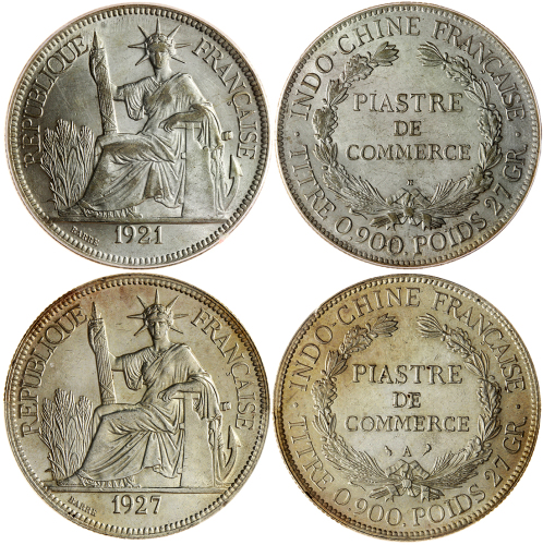 法属安南1元银币2枚一组，1921-H及1927A，分别评PCGS AU55及MS61