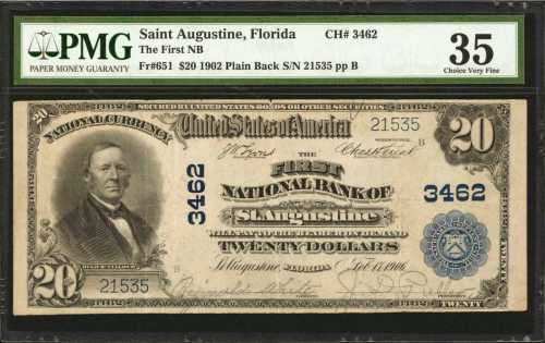 Saint Augustine, Florida. $20 1902 Plain Back. Fr. 651. The First NB. Charter #3462. PMG Choice Very