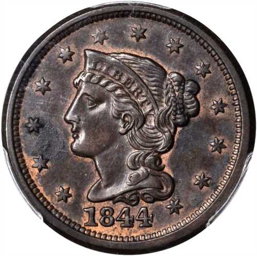 1844 Braided Hair Cent. N-4. Rarity-1. AU Details--Environmental Damage (PCGS).