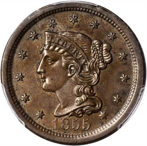 1855 Braided Hair Cent. N-7. Rarity-1. Upright 5s. MS-63 BN (PCGS).