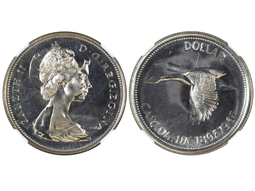 1967年加拿大错版再制一加元银币，庆祝1867年加拿大四省联盟成立加拿大自治领一百周年纪念日，NGC MINT ERROR PL64