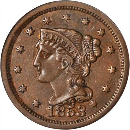 1853 Braided Hair Cent. N-7. Rarity-2. AU-53 (ANACS).