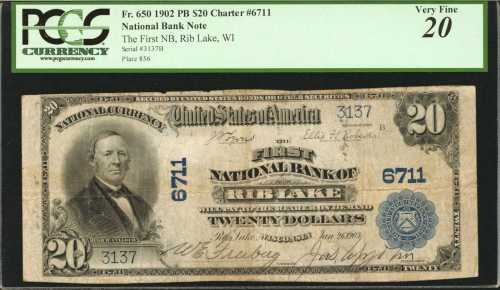 Rib Lake, Wisconsin. $20 1902 Plain Back. Fr. 650. The First NB. Charter #6711. PCGS Very Fine 20.