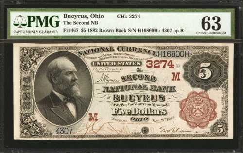 Bucyrus, Ohio. $5 1882 Brown Back. Fr. 467. The Second NB. Charter #3274. PMG Choice Uncirculated 63