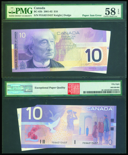 2001-02年加拿大银行10元，编号FEG6213457，纸张皱折错体，PMG58EPQ