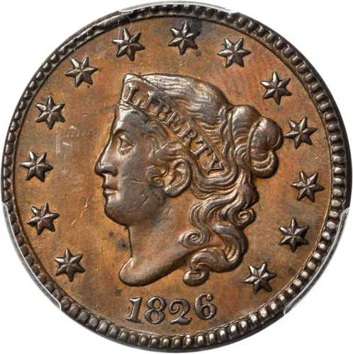 1826 Matron Head Cent. N-5. Rarity-2. AU-55 (PCGS).