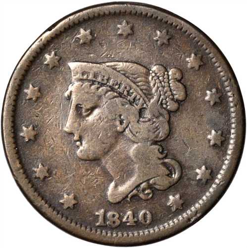 1840 Braided Hair Cent. N-2. Rarity-2. Small Date/Large 18. VG-8.
